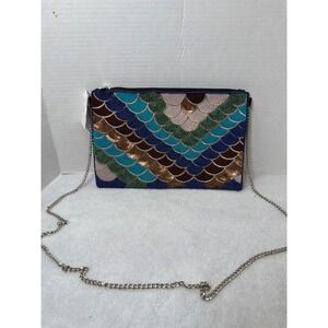 VTG Beaded Mermaid Scale Clutch Crossbody Boho Crossbody Silvertone Chai